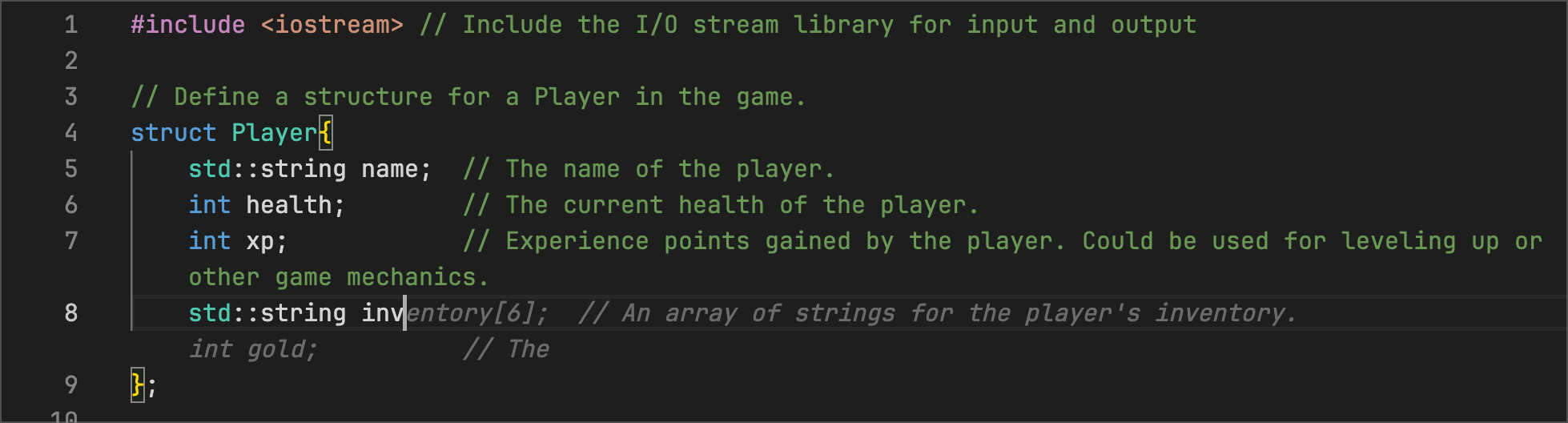 adventure.cpp - Code Suggestions shows us how to add an array of strings to the player struct to use as the players inventory