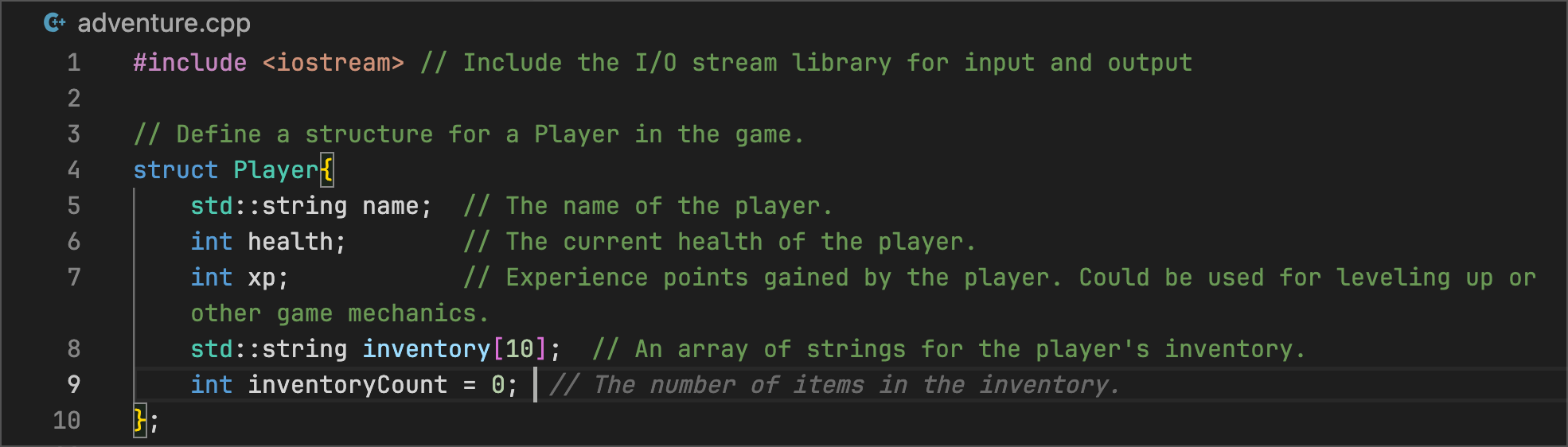 adventure.cpp - Code Suggestions shows us how to add an integer for inventoryCount to the player struct
