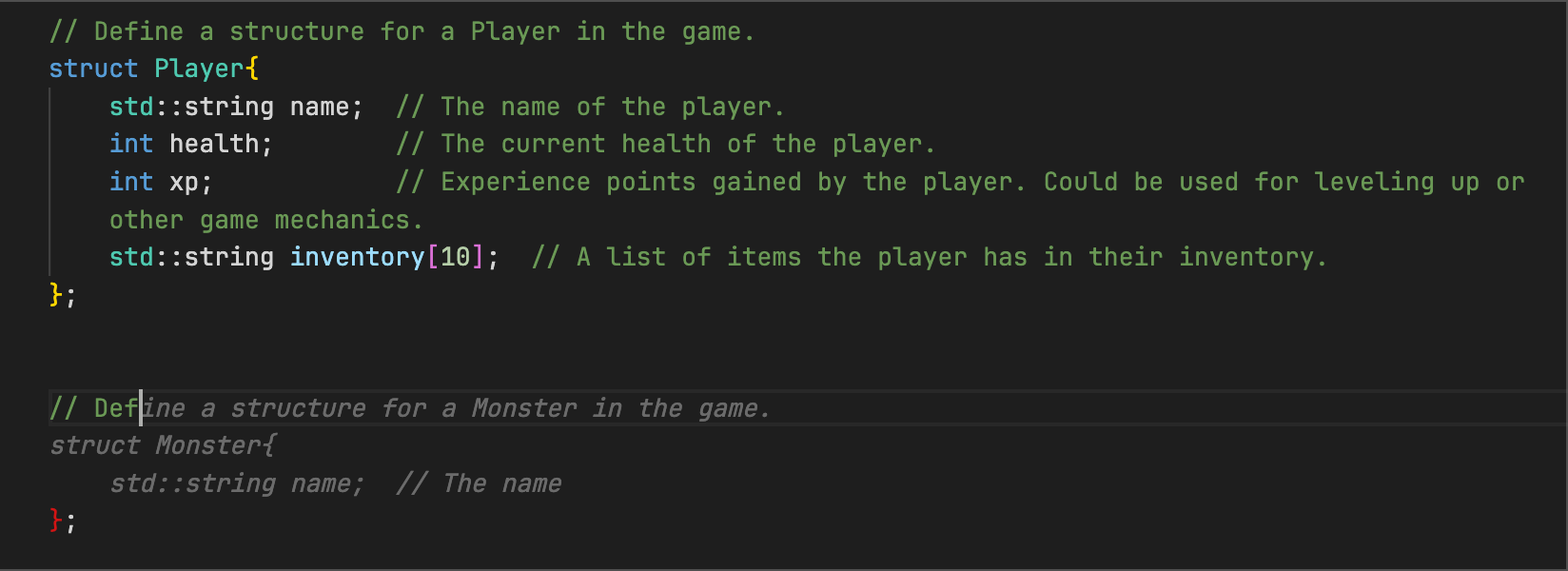 adventure.cpp - Code Suggestions wants to add a struct for Monsters we can battle