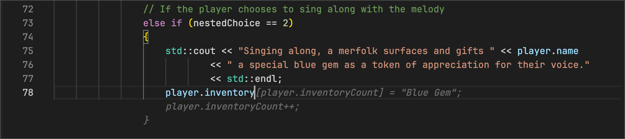 adventure.cpp - Code Suggestions shows us how to add a gem to the player's inventory using a post-increment operation and the inventory array from the struct object