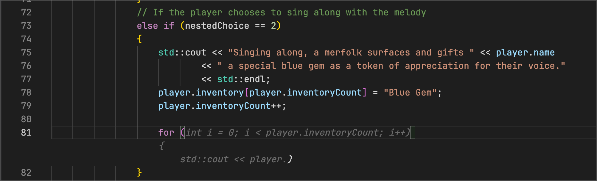 adventure.cpp - Code Suggestions demonstrates how to write a for loop to loop through the players inventory