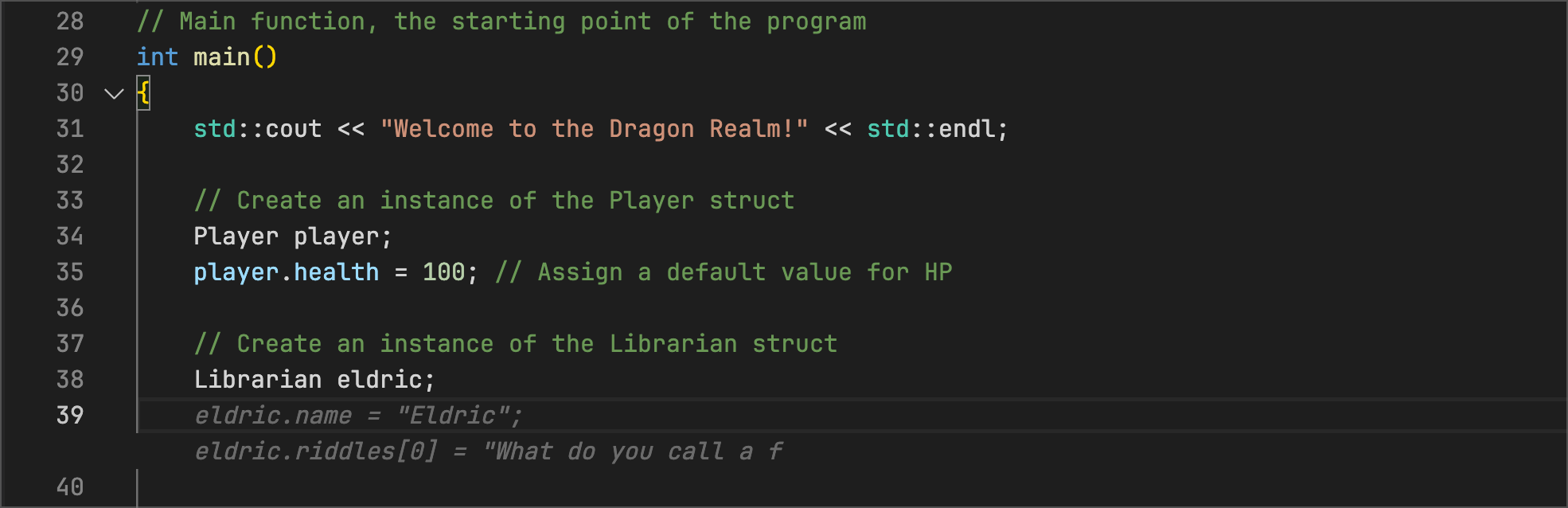 adventure.cpp - Code Suggestions instantiates a Librarian object, gives it the name Eldric, and starts to suggest riddles for the riddle array