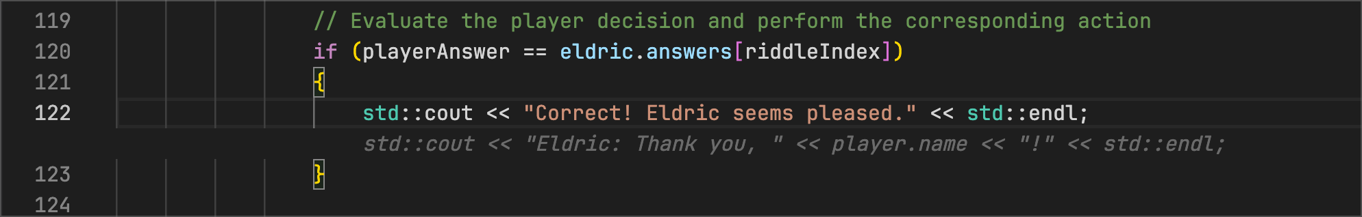 adventure.cpp - Code Suggestions suggests that eldric would thank the player for a correct answer