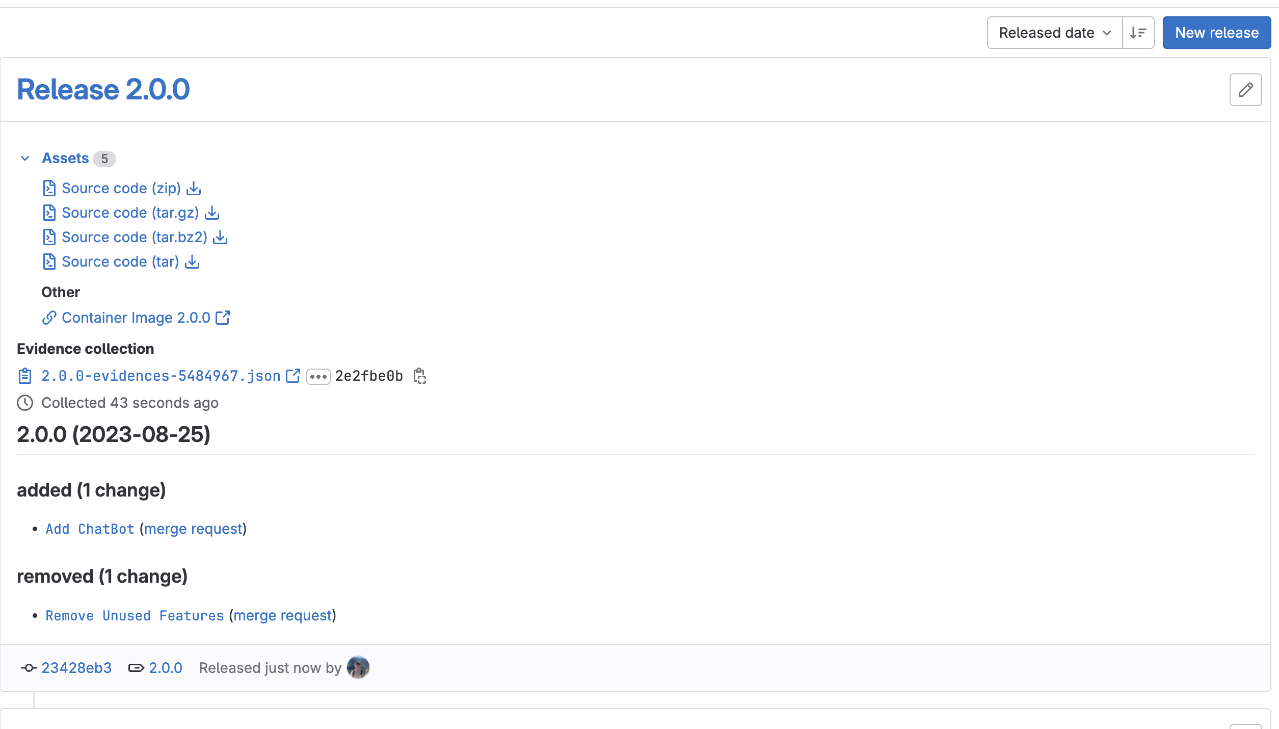 The GitLab release UI showing a release for version 2.0.0