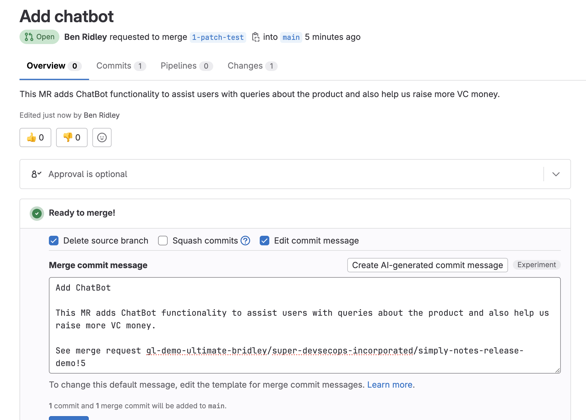 A screenshot of the GitLab UI showing a merge request to add new functionality