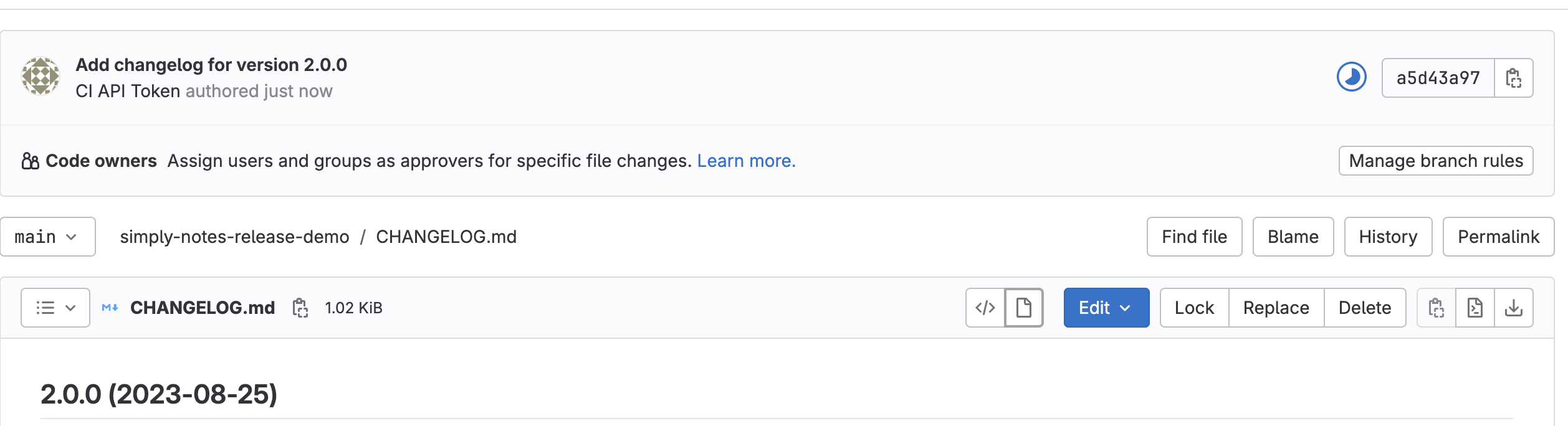 A screenshot of the repository which shows a commit updating the changelog file
