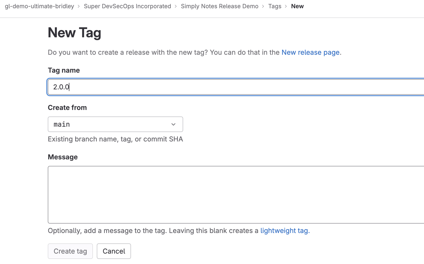 A screenshot of the GitLab UI illustrating how to create a tag