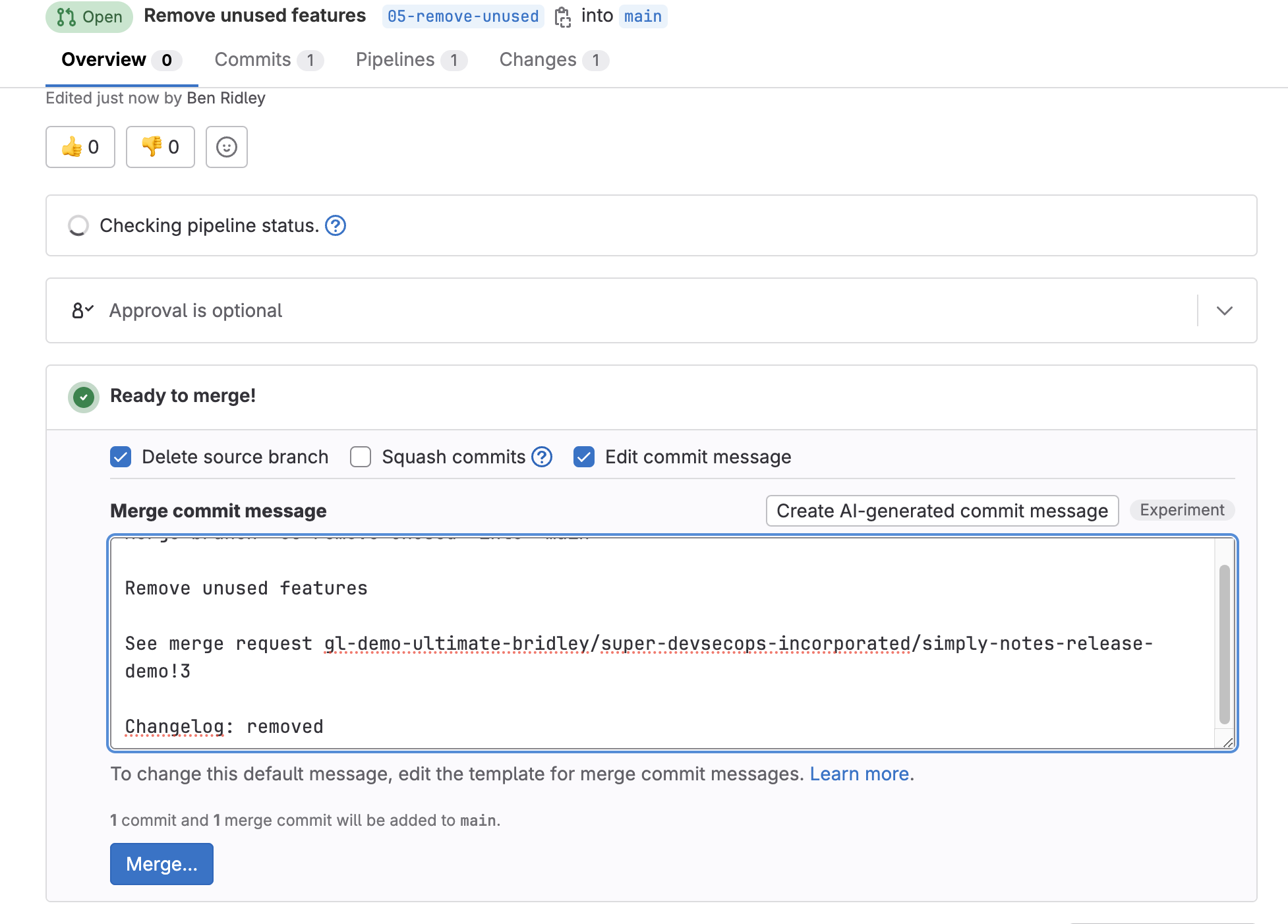 A screenshot the GitLab UI showing a merge request removing unused features