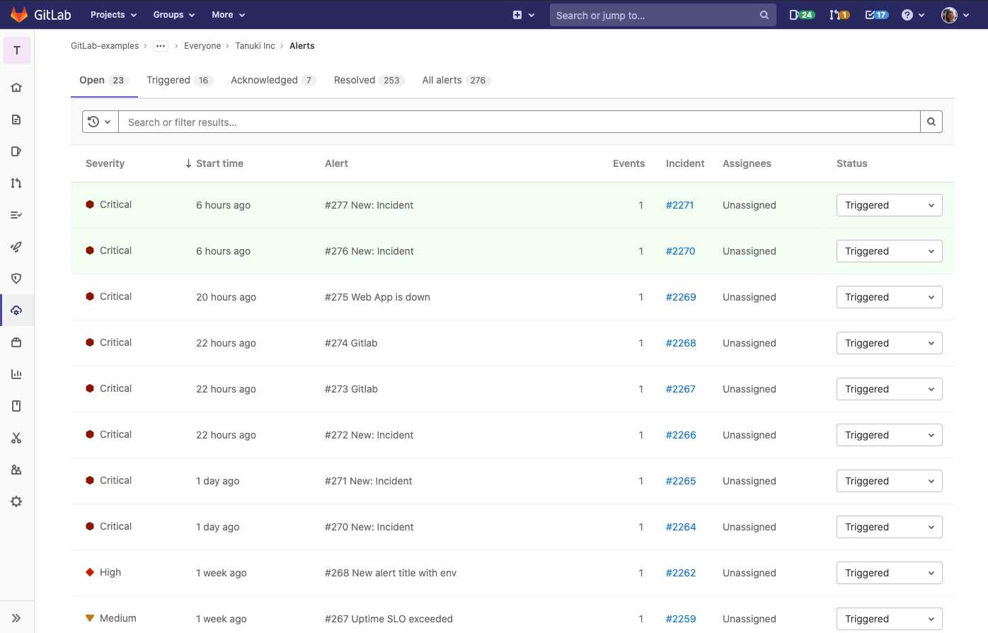 Alert list in GitLab