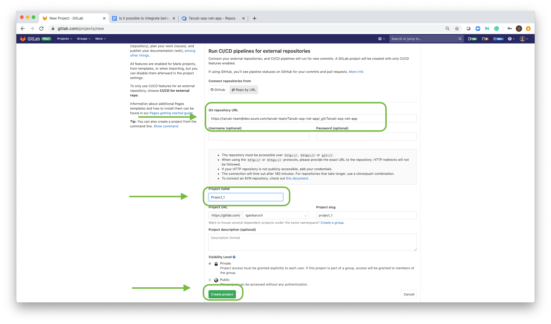 Create project form