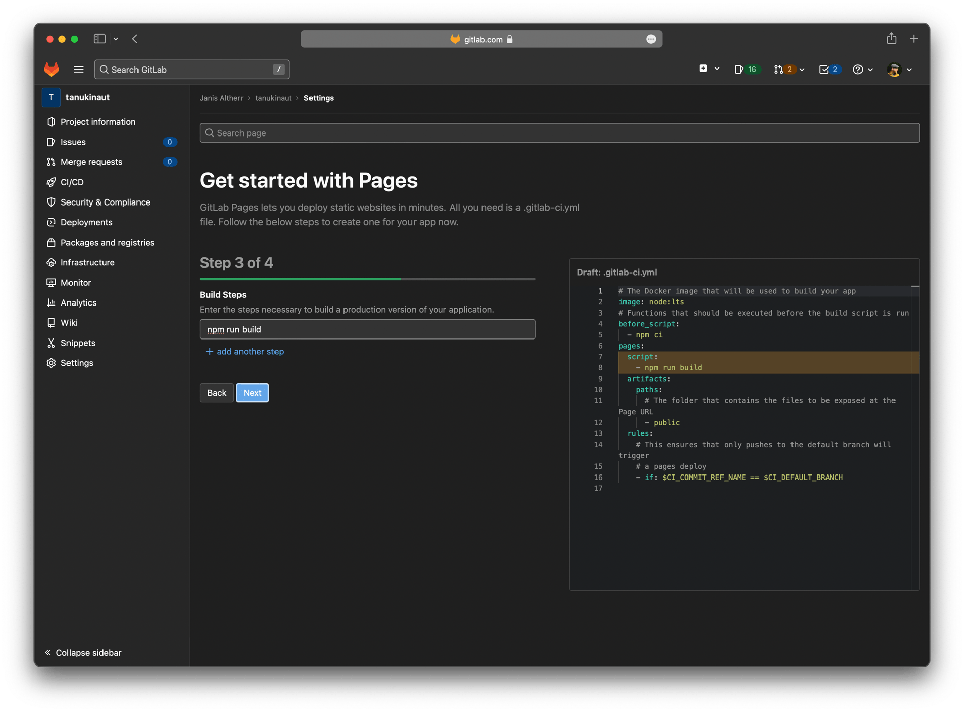 Screenshot: Inputting the build step