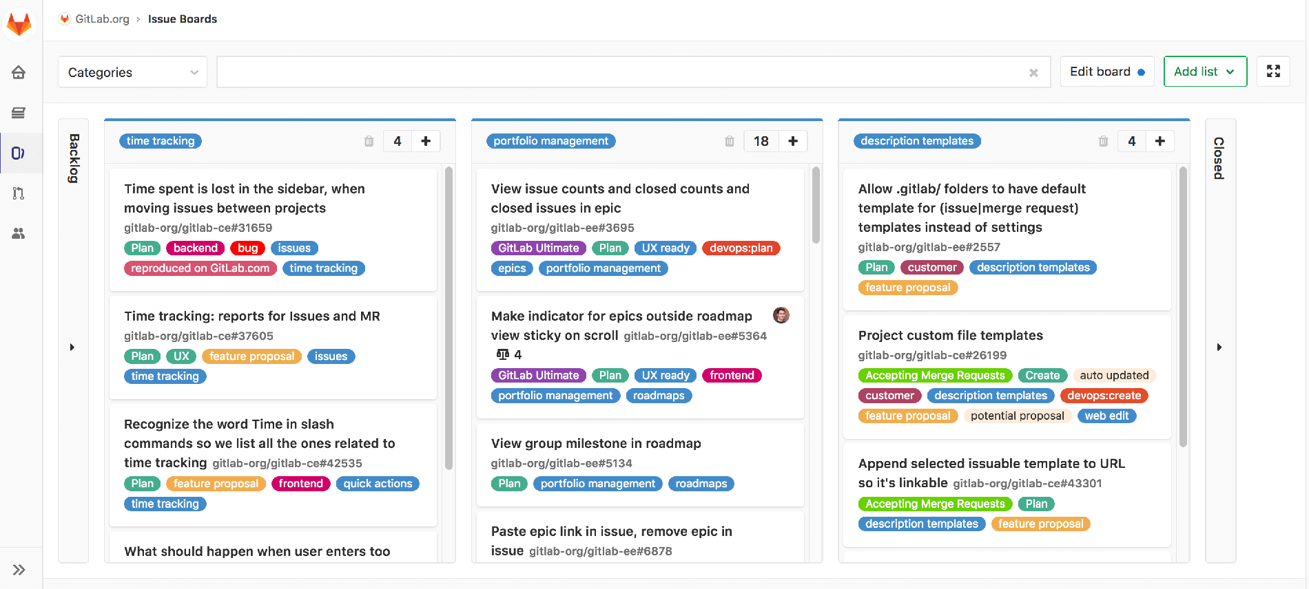 Using an Issue Board for planning with categories