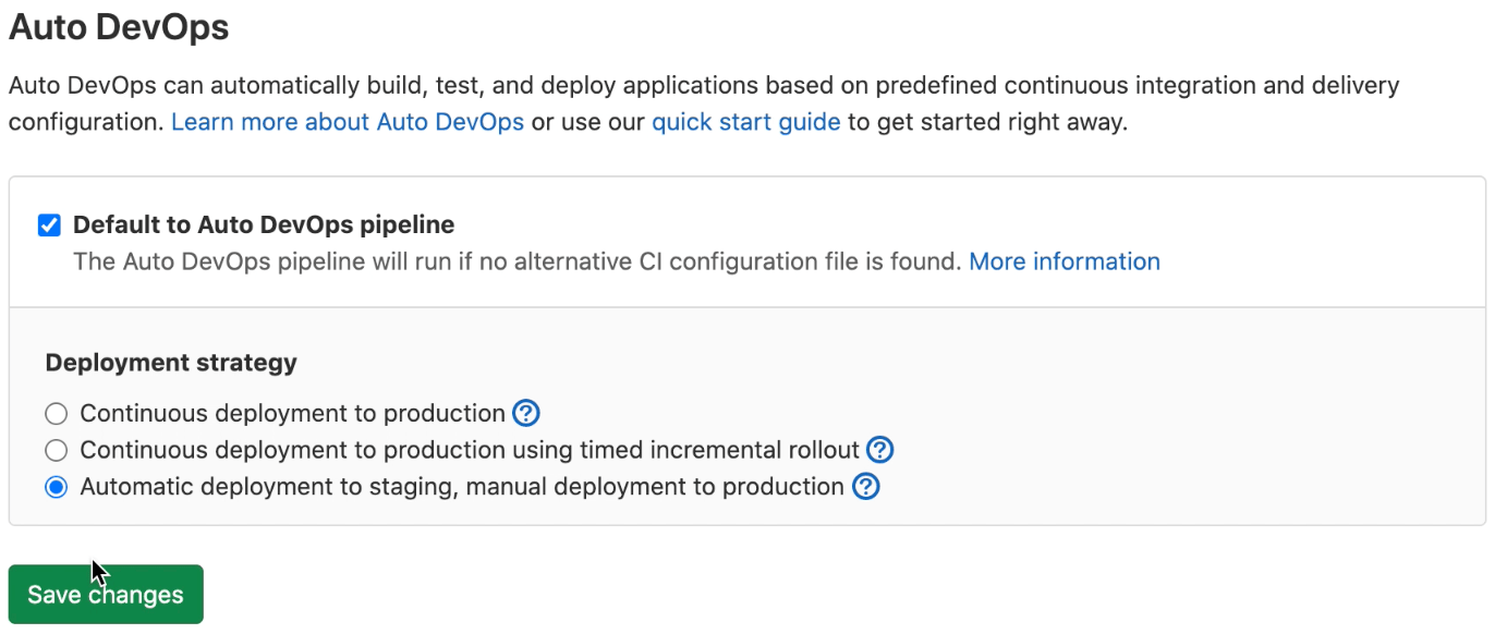 Example of enabling Auto DevOps from demo project