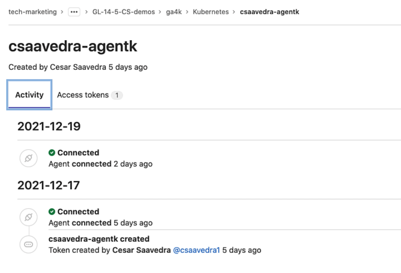 Agent activity information page