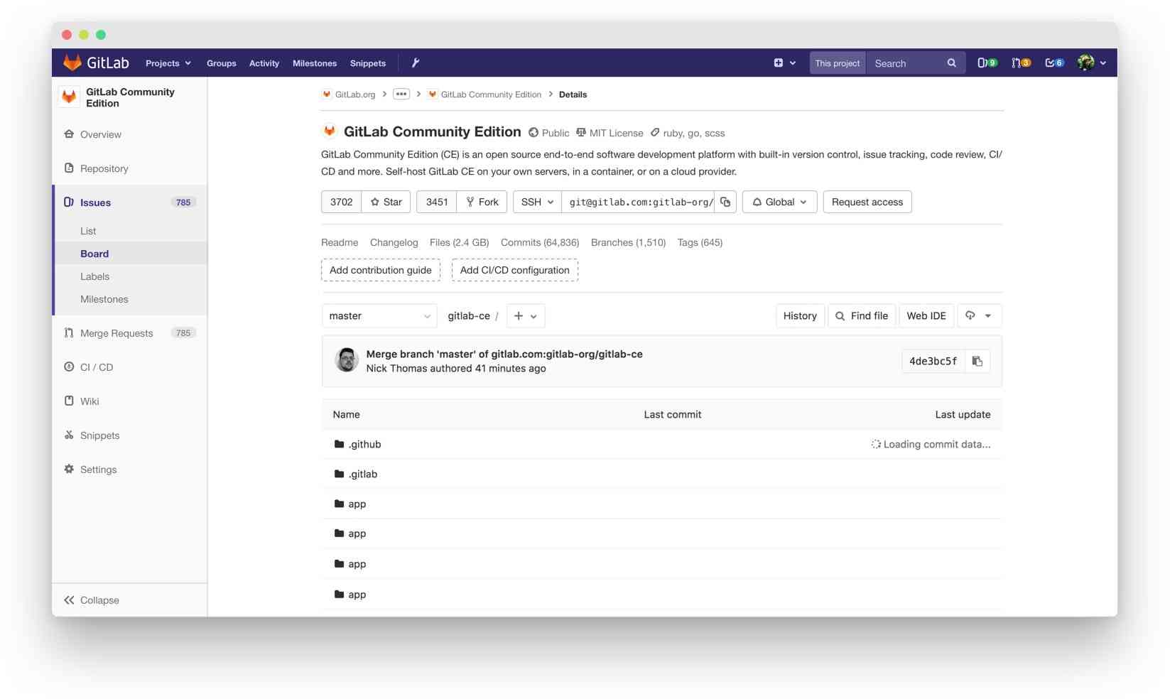 GitLab's project overview before the most recent redesign