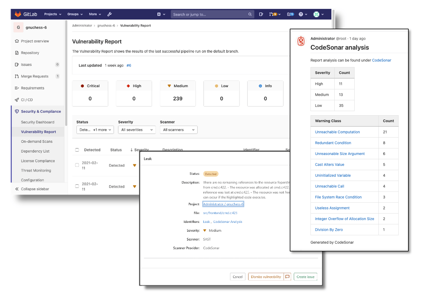 Example of GitLab vulnerability report