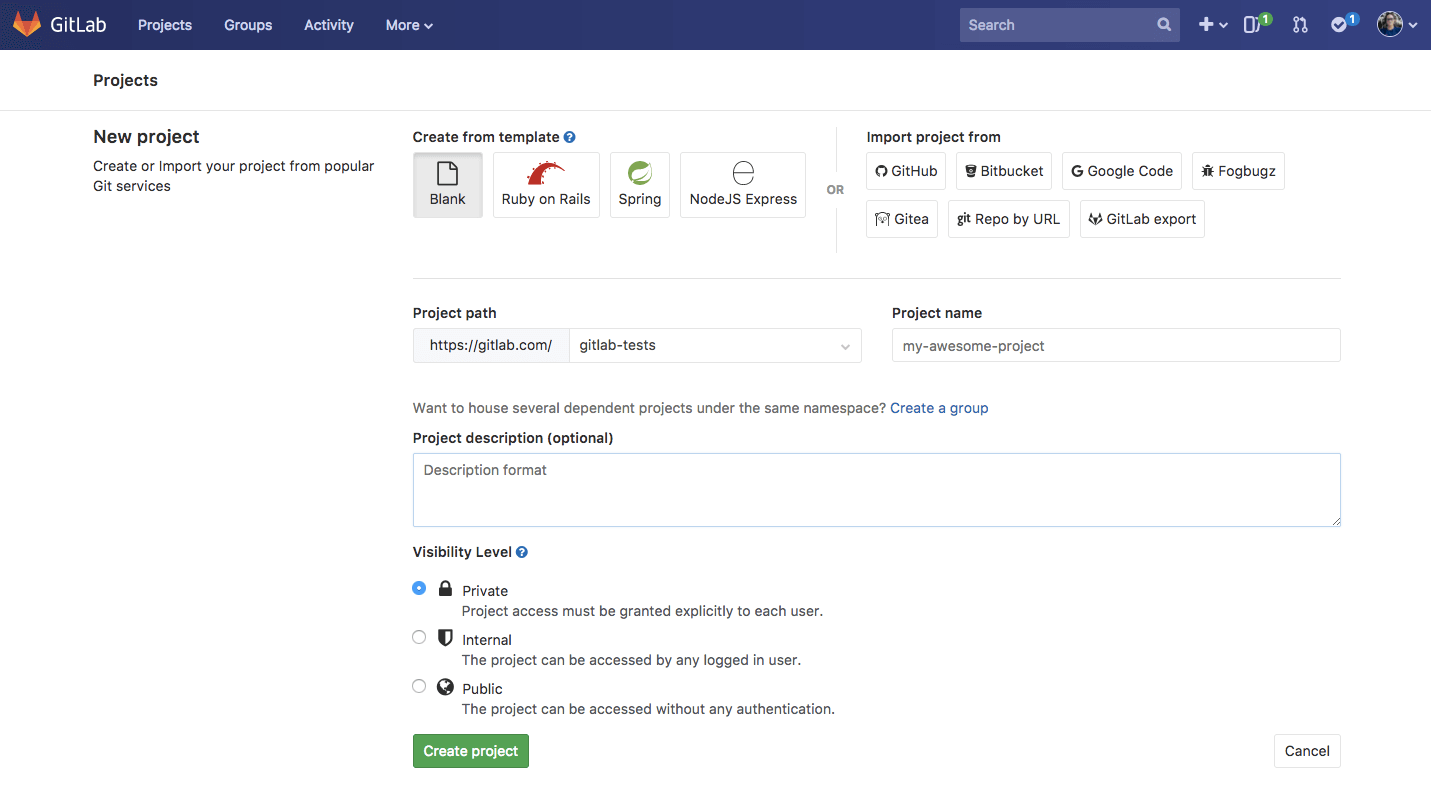 The Import Project UI in GitLab showing you can import from GitHub, Bitbucket, etc