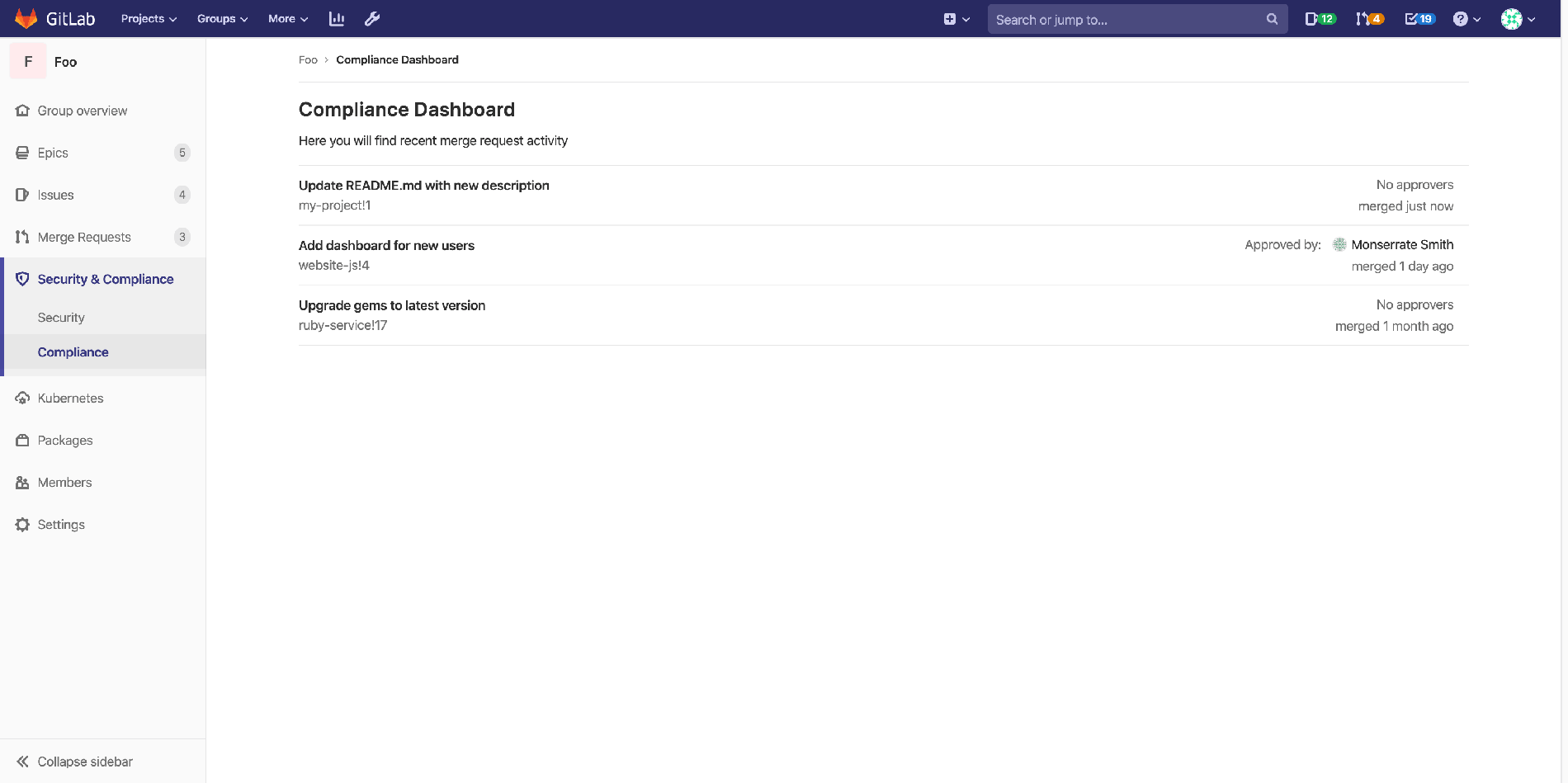 Compliance dashboard view