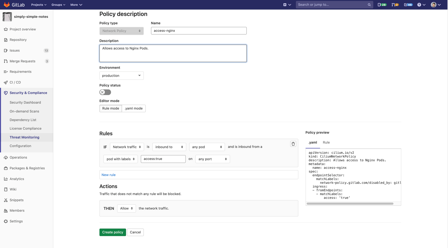 threat monitoring policy creation