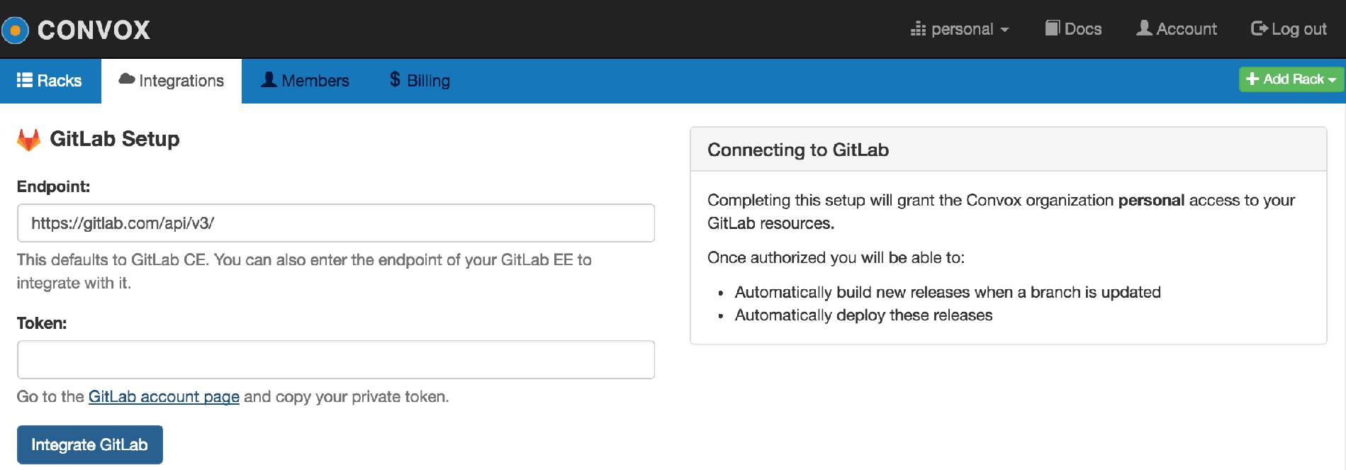 Give Convox your GitLab Endpoint and Token