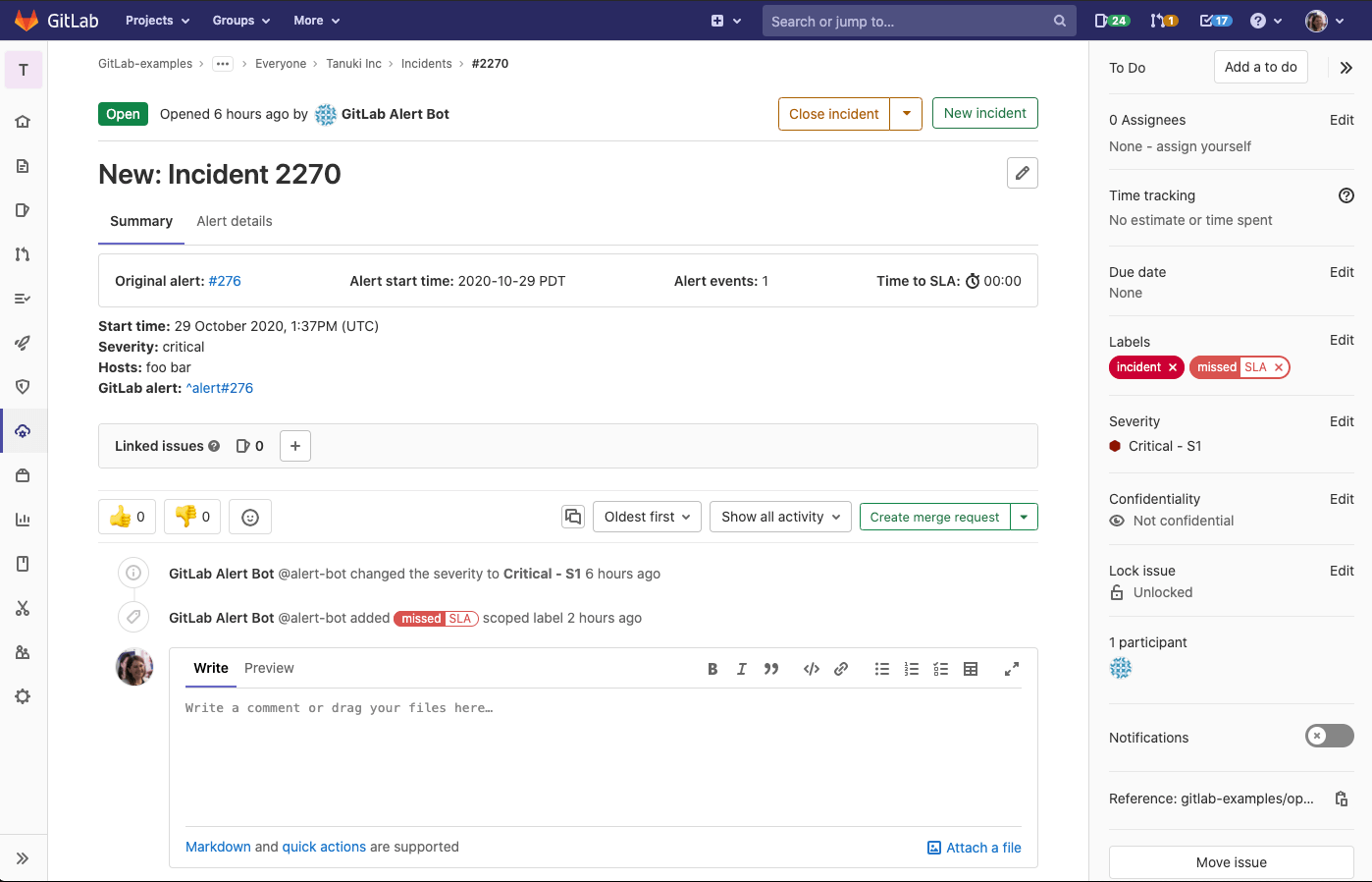 An example dedicated incident in GitLab