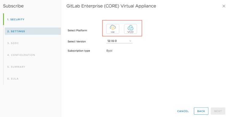 After subscribing, select the VMC or VCD platform where you wish to deploy