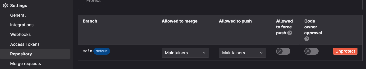 GitLab project settings for repositories and protected branches, main branch
