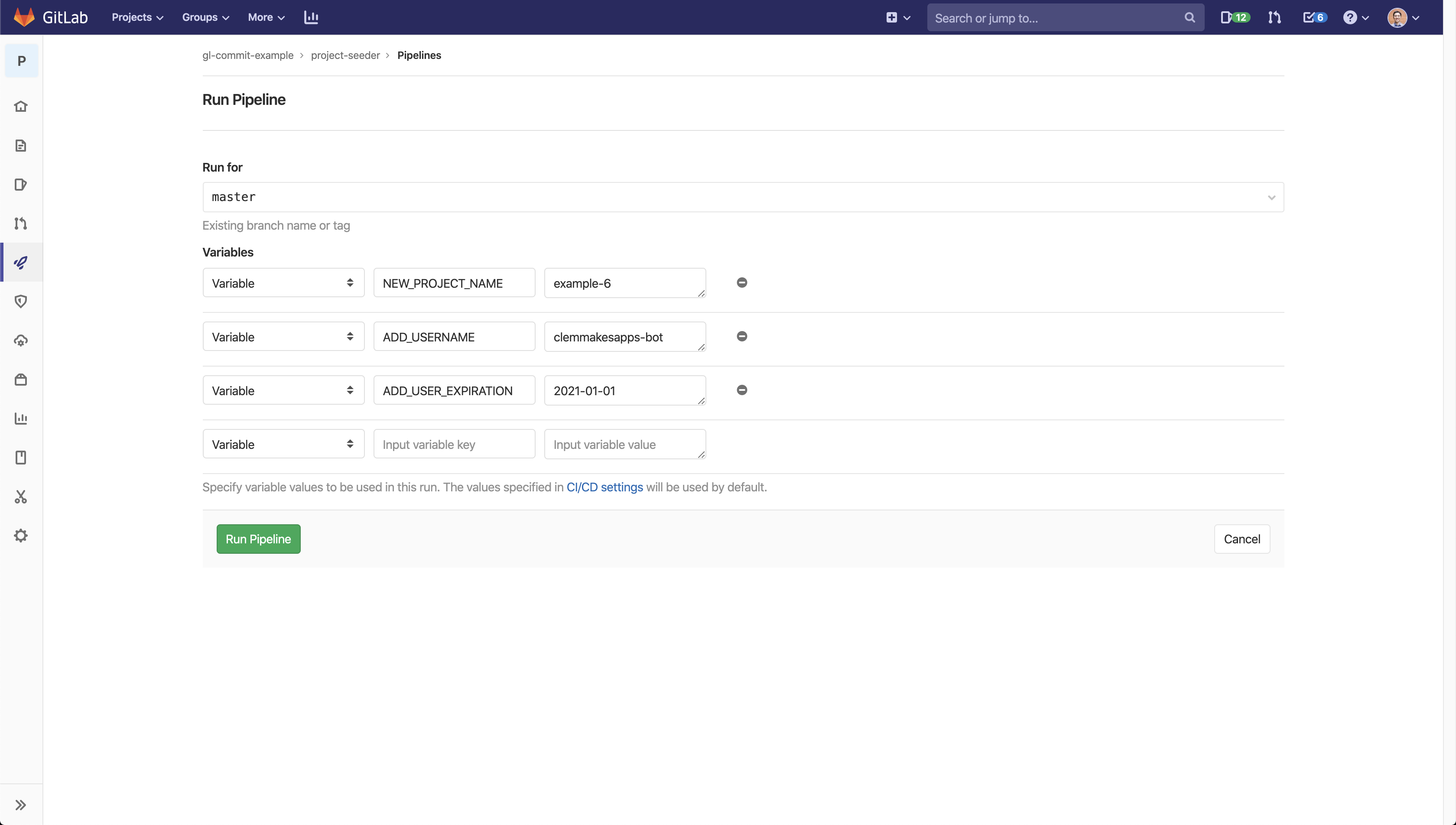 We use variables from the GitLab CI to configure the project-seeder applications