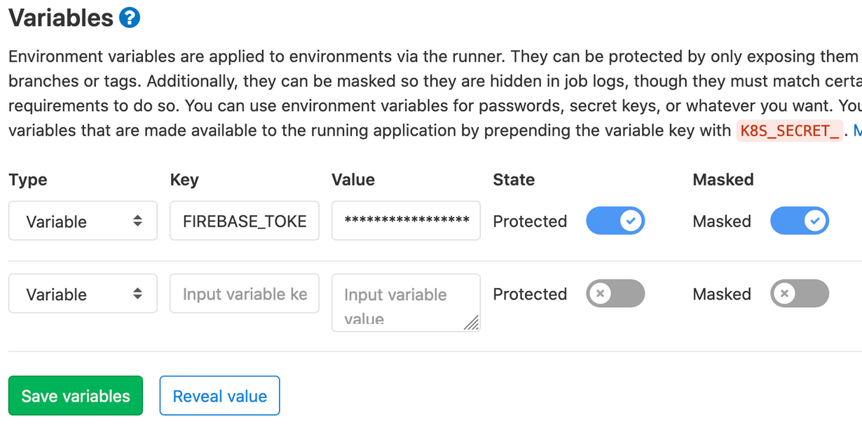 Varaiable configuration screen in GitLab