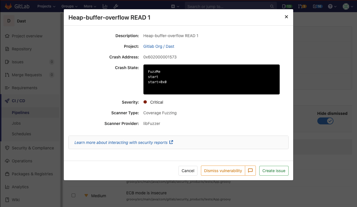 Preview of fuzz testing results in an MR