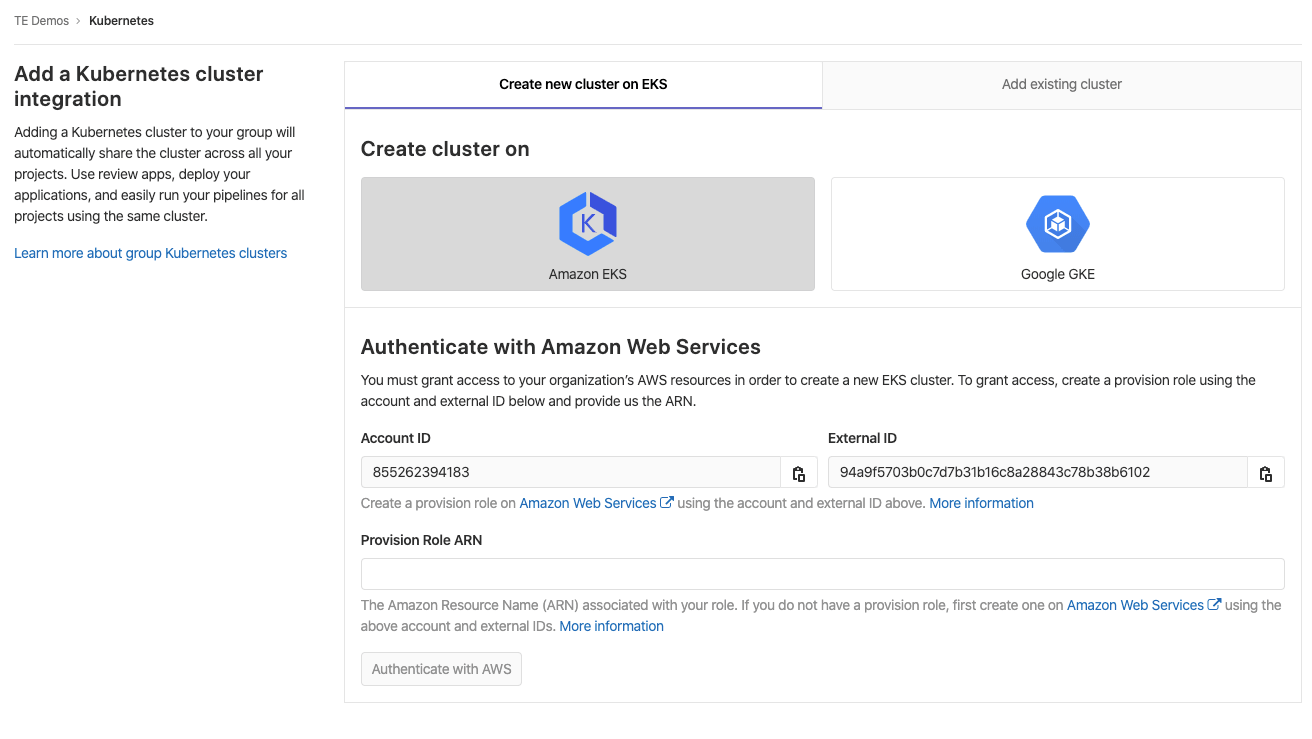 Gitlab EKS Integration Page