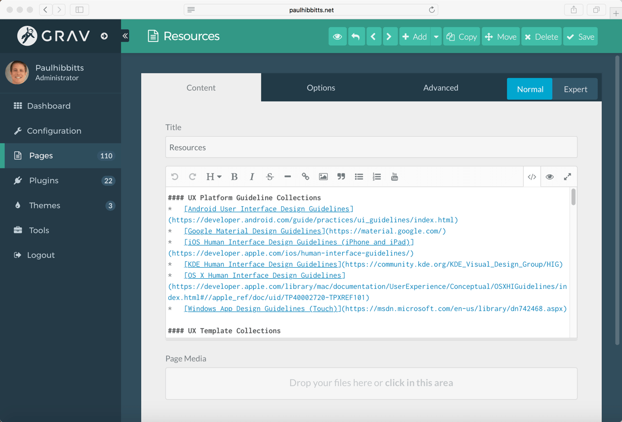 Editing Markdown content in the Grav CMS Admin Panel