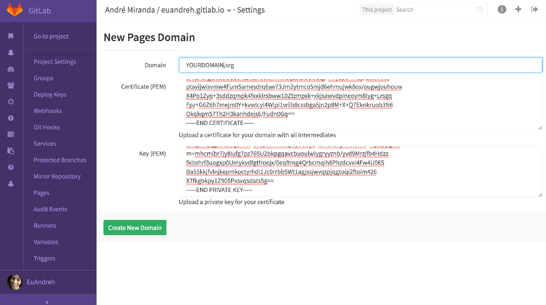 Uploading the certificate to GitLab Pages