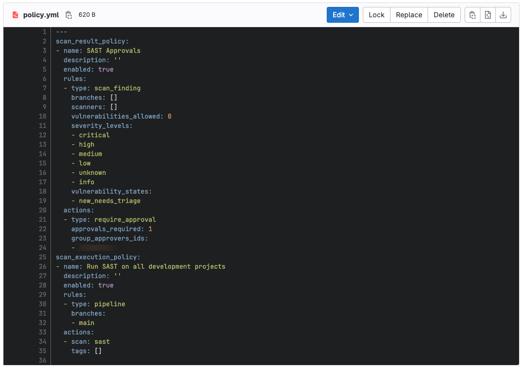 Example of security policies stored in YAML