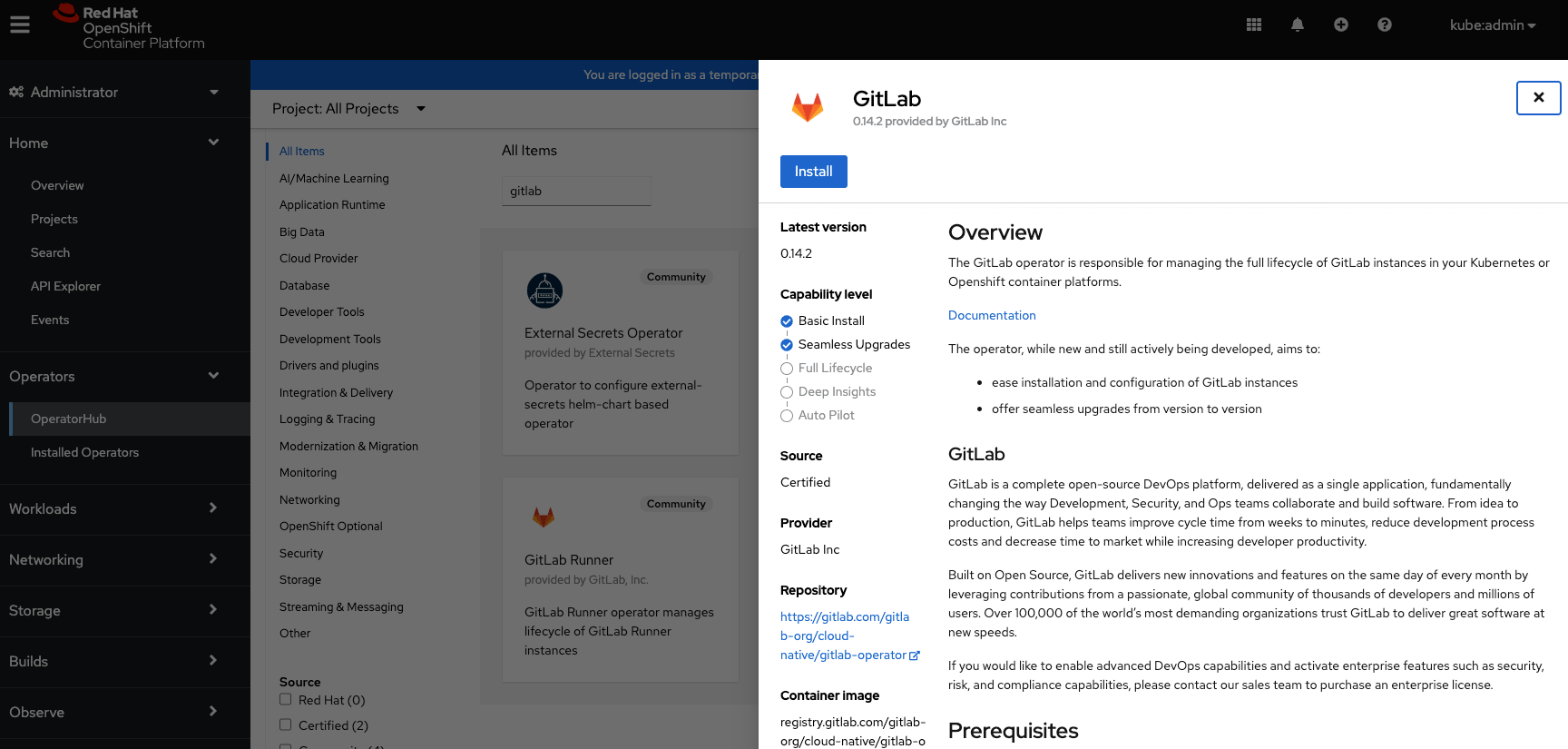 GitLab Operator install screen