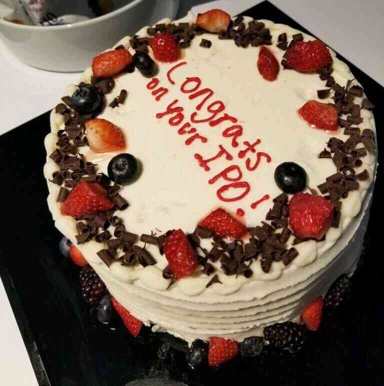 Cake with message reading "Congrats on your IPO!"