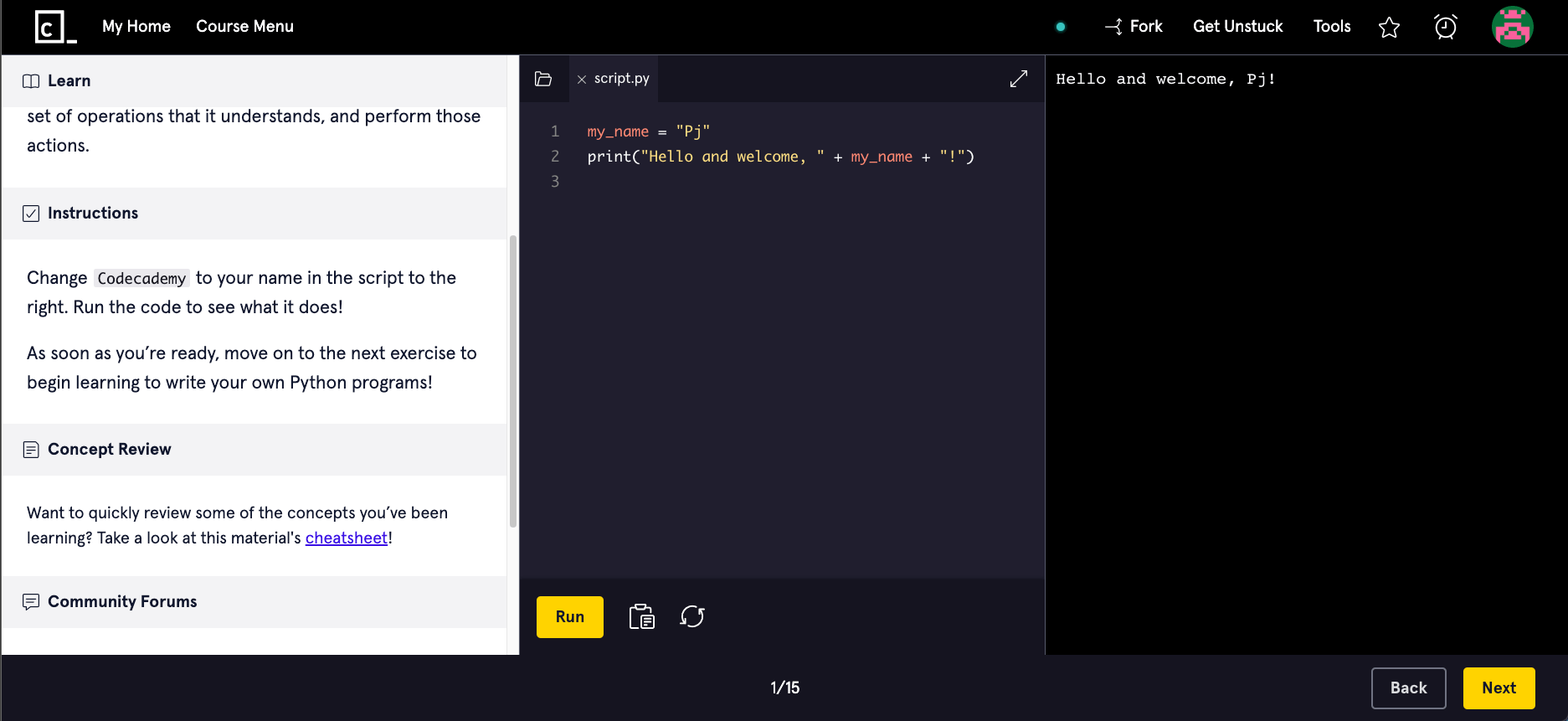 codecademy screen showing instructions on the left, the IDE in the middle, and the output on the right