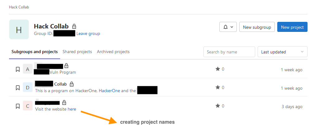 Screenshot of setting up project names