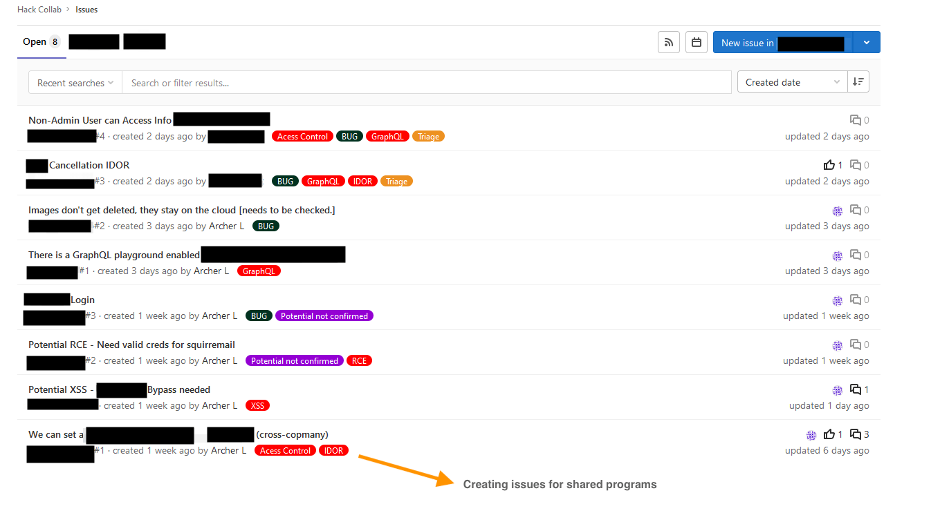 Screenshot illustrating the creation of issues for shared programs