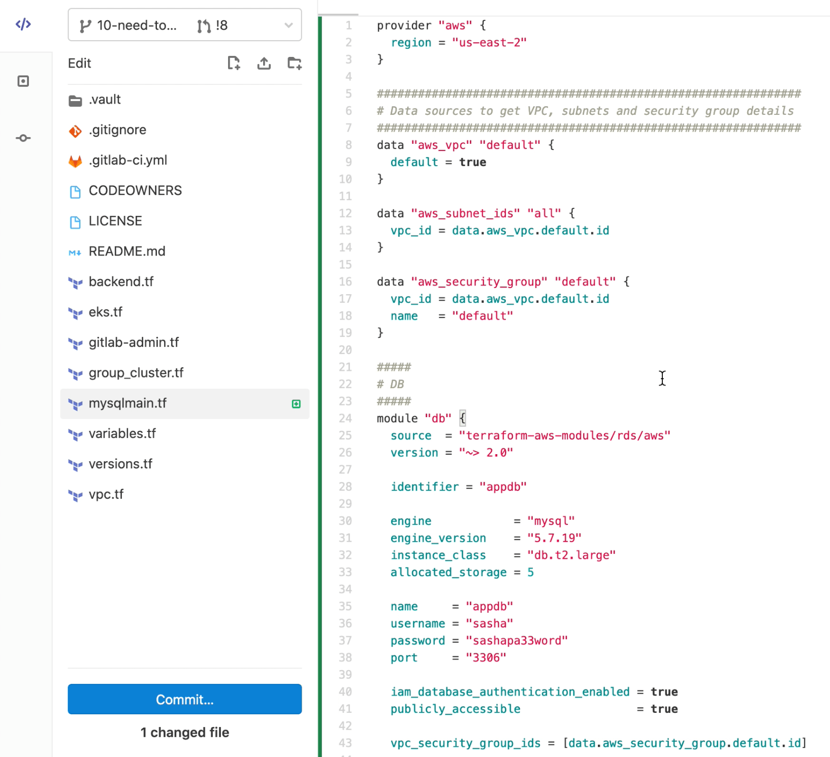 Terraform configuration file for MySQL database