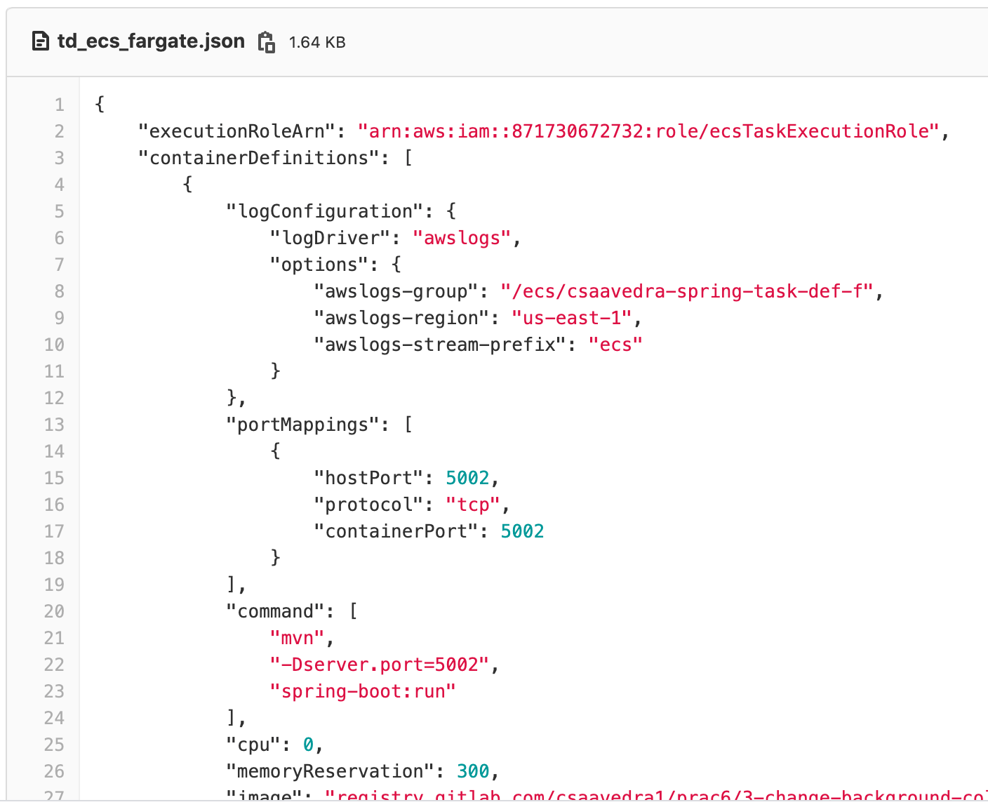 ECS Task Definition file snippet