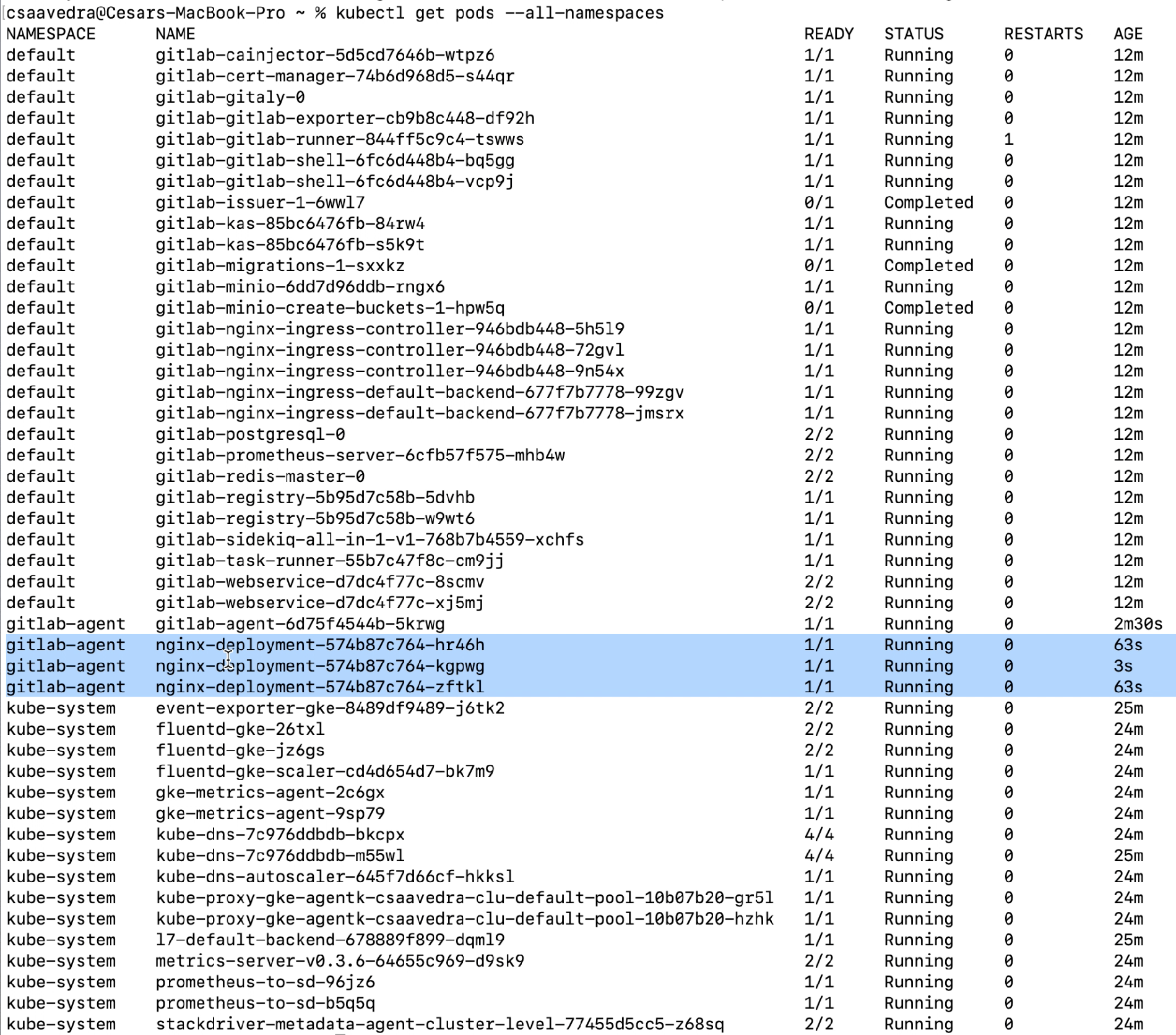 Three nginx pods up and running