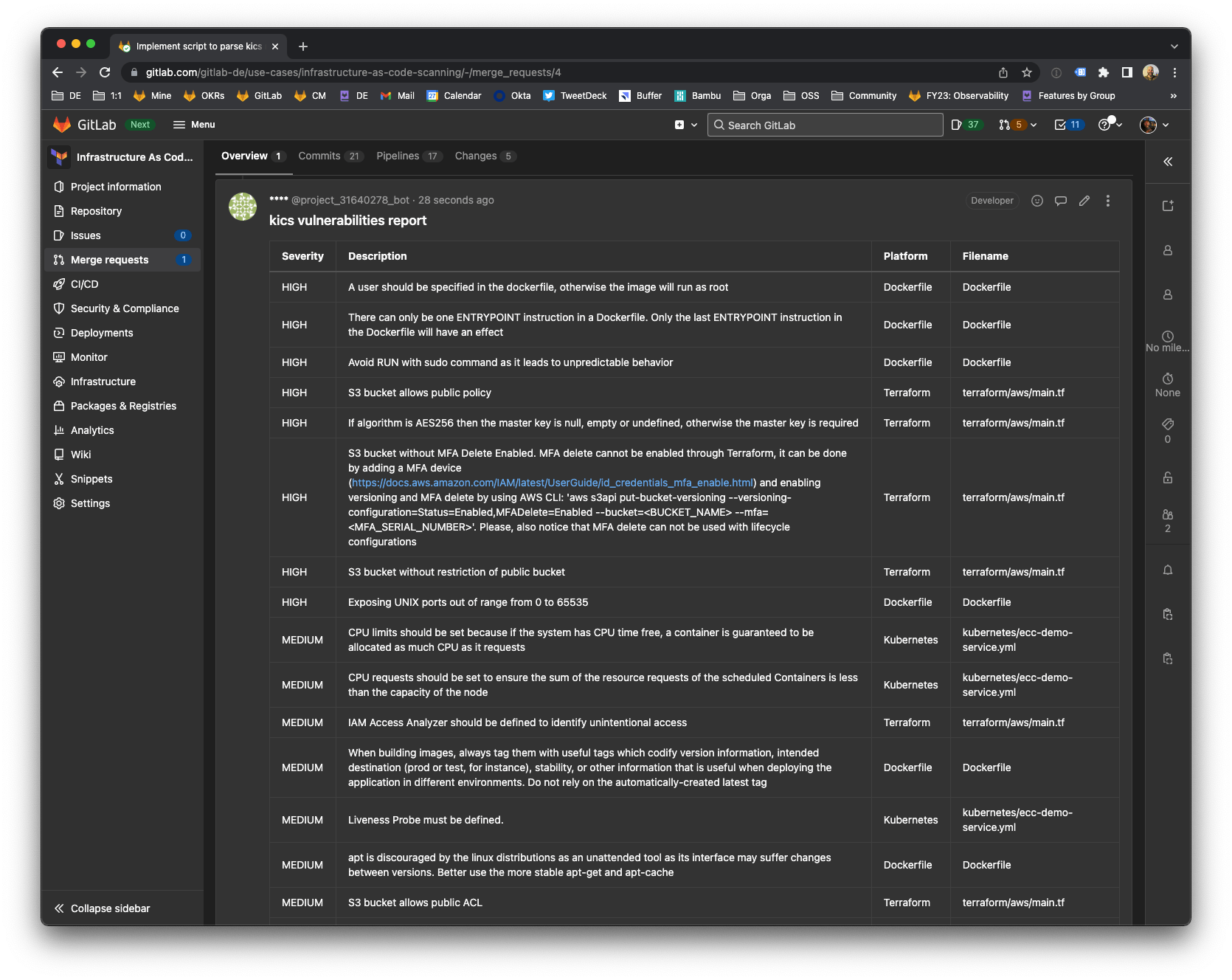 MR comment with the kics report as Markdown table