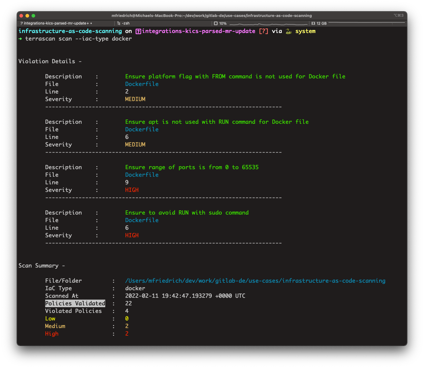 terrascan Docker IaC type scan result