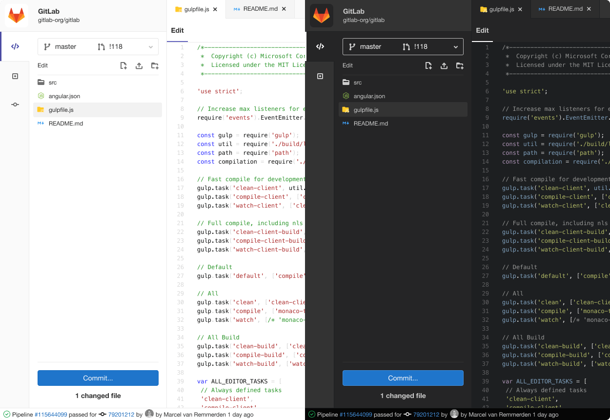 Comparing light and dark UI in the Web IDE