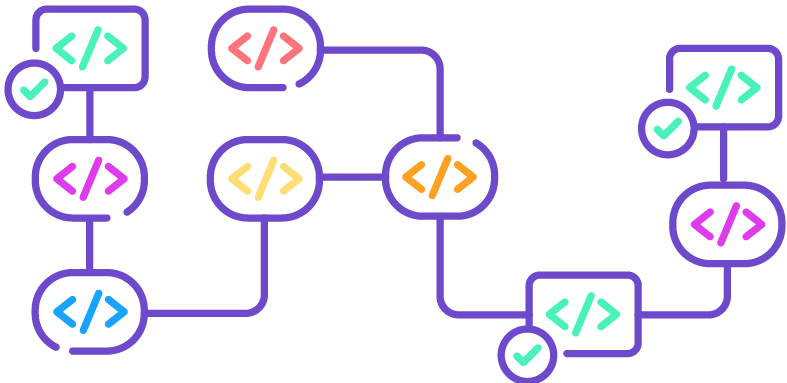 A diagram of colorful blocks representing code with connecting lines to represent branches and the flow