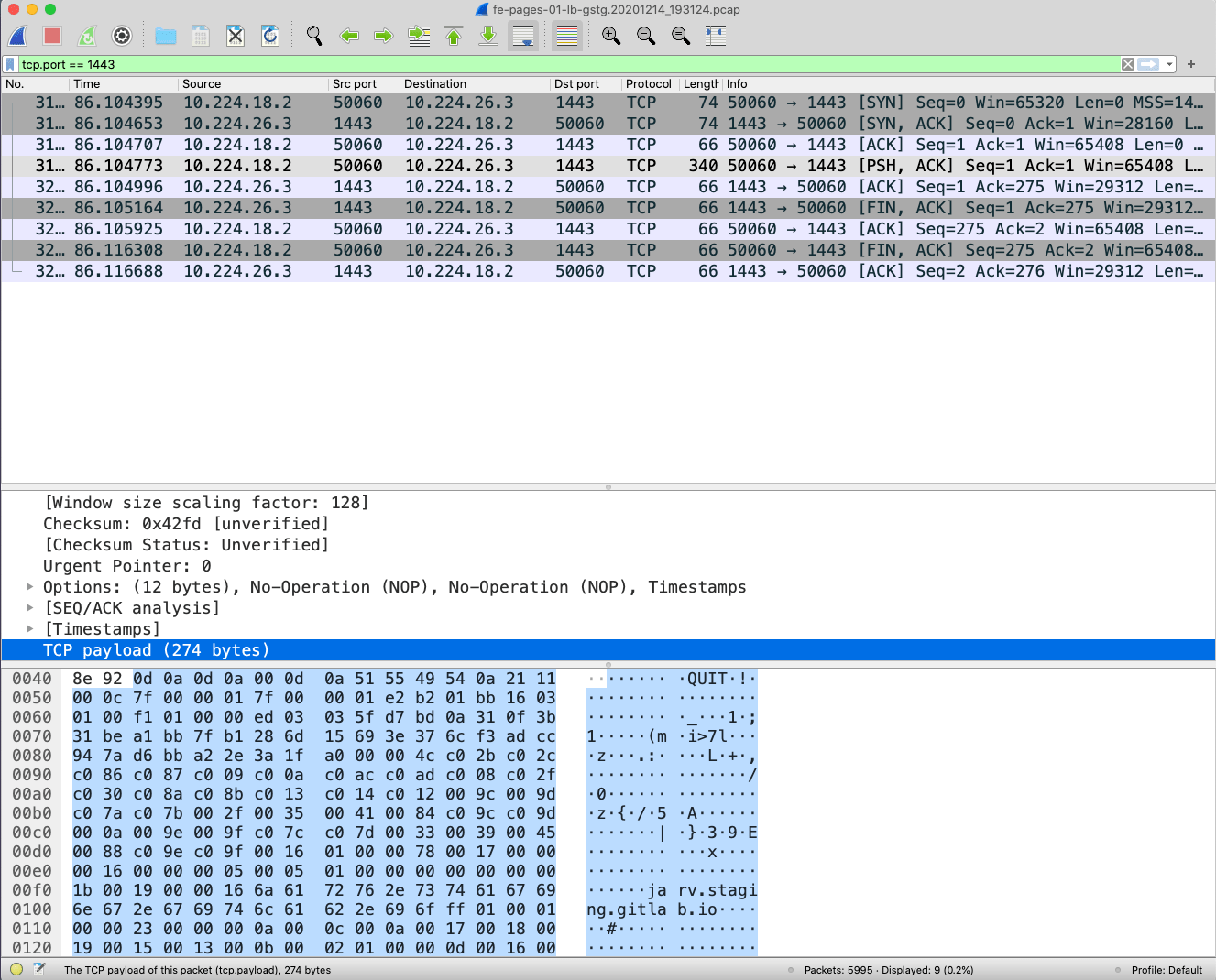 Traffic capture in wireshark showing a TCP FIN and the string QUIT in the stream