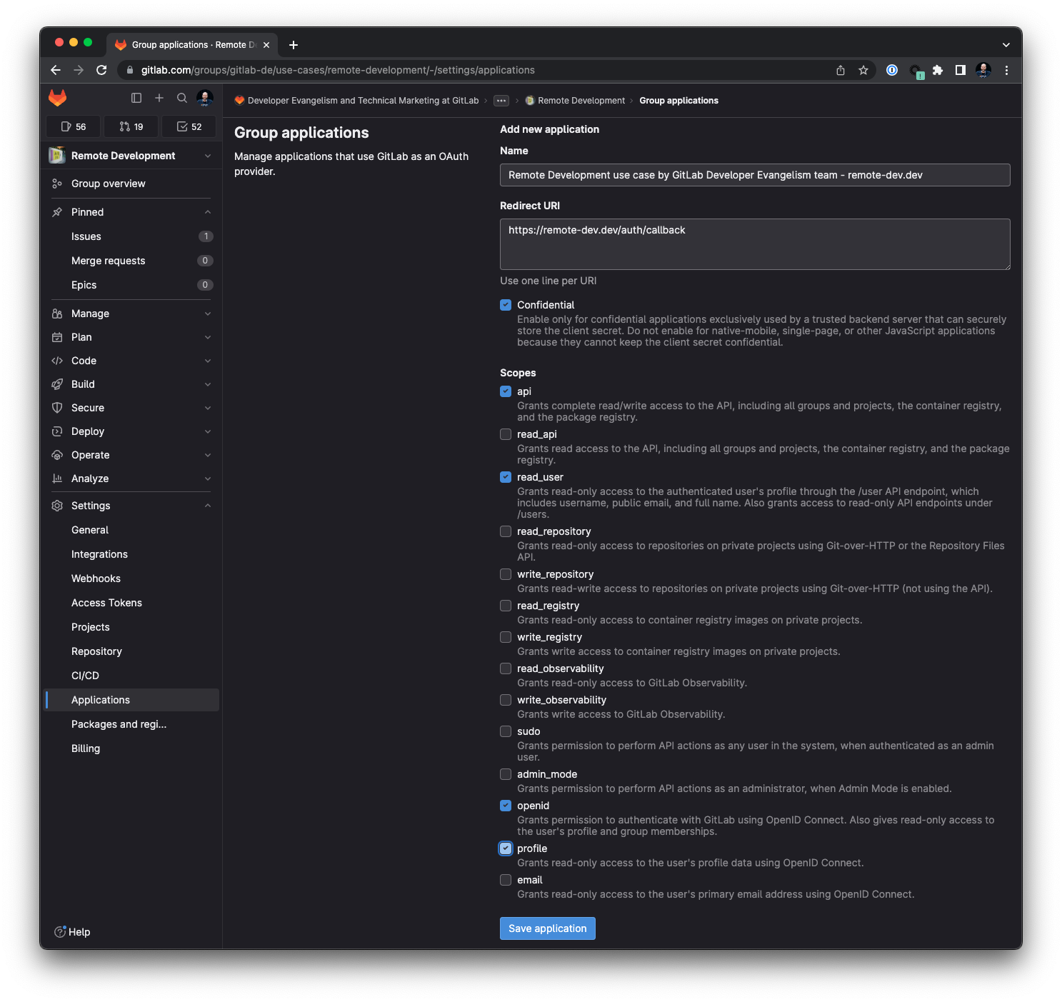 GitLab remote development workspaces, OAuth application in the group settings
