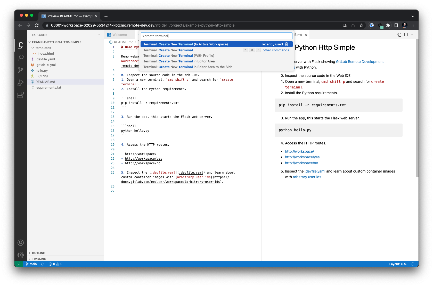 GitLab remote development workspaces, Python example, create terminal