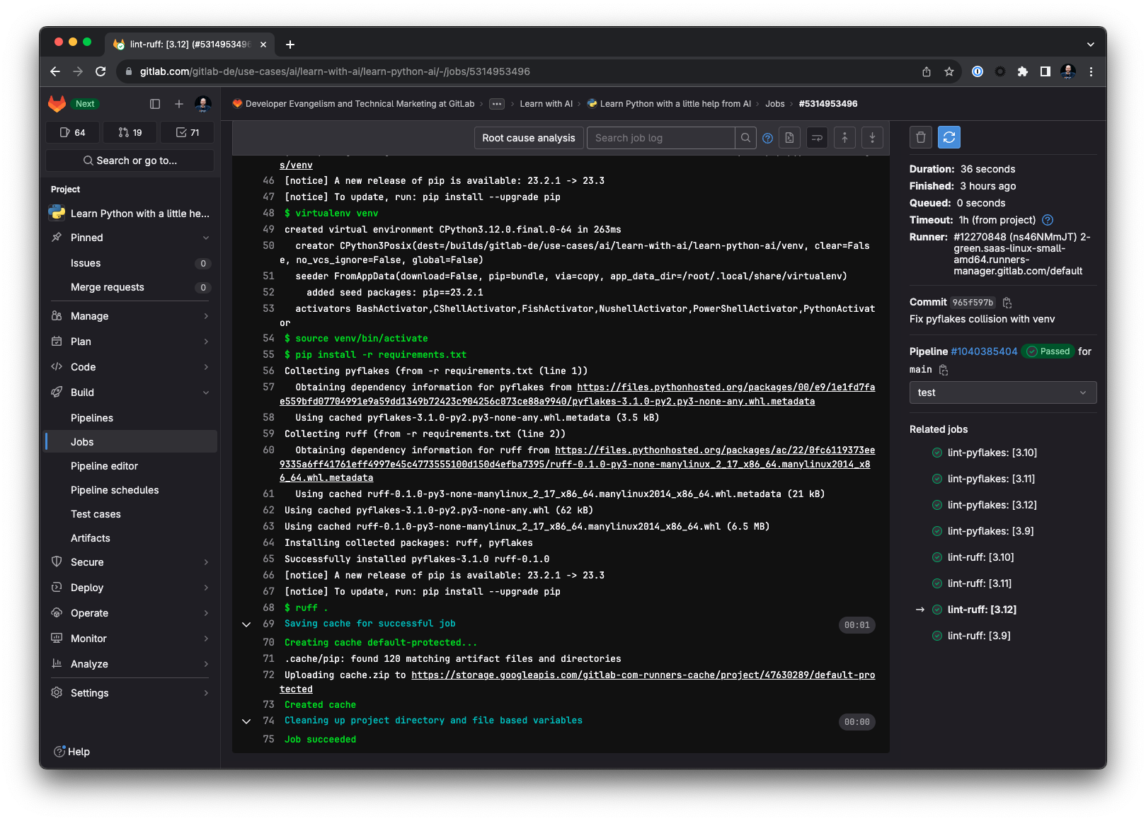 GitLab CI/CD Python lint job view, part of matrix builds